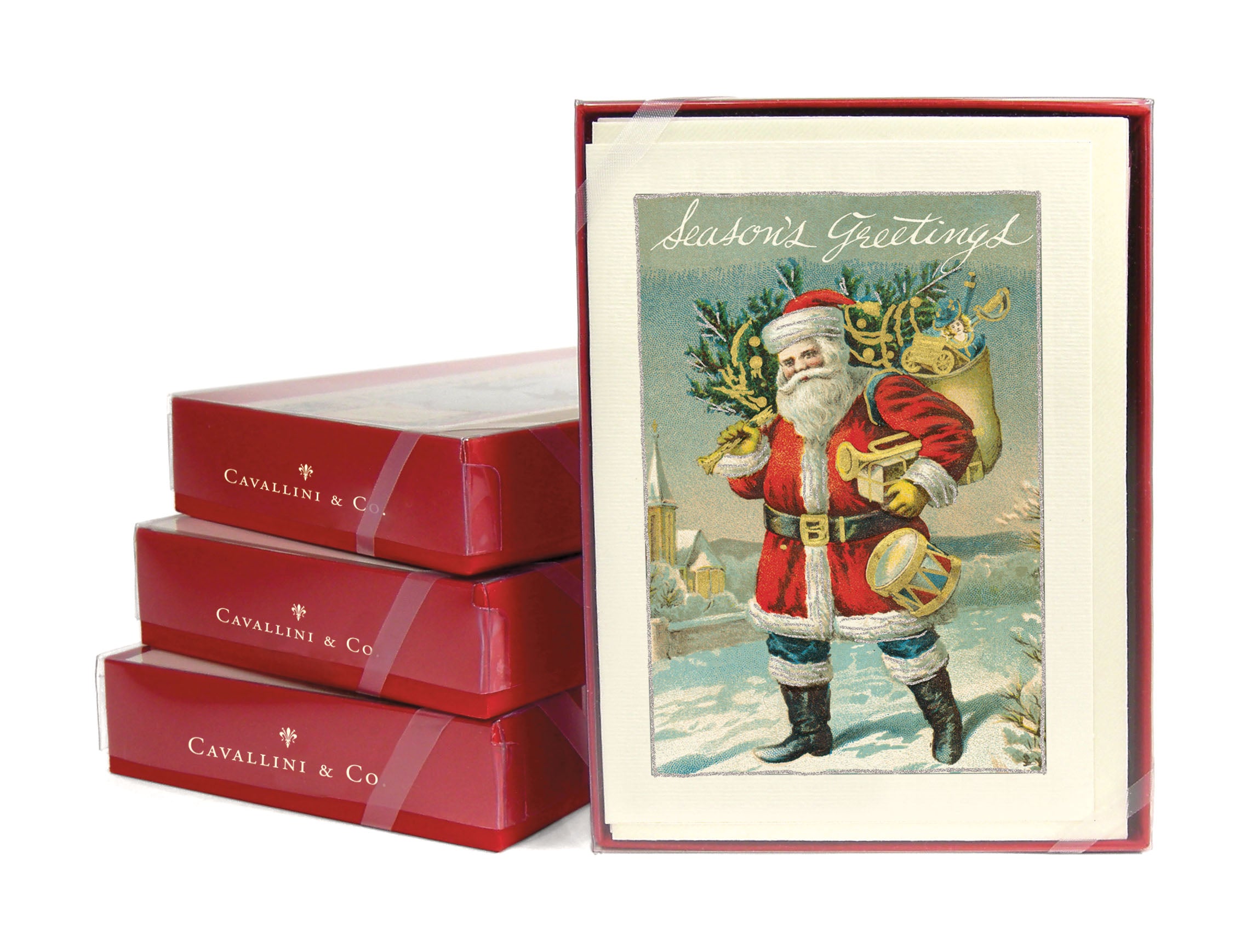 Stack of three boxed card sets and one front facing showing the Santa Claus Christmas Card.