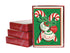 A stack of three boxed set cards next to a front facing card set of the Candy Canes Christmas Card Set showing two candy canes crossed with a bow tying them together and three ornaments with the words "very", "merry" and "Christmas" on them.