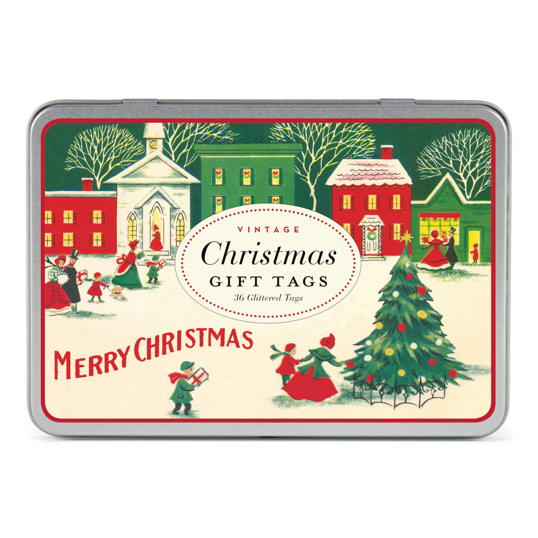 Vintage Christmas Gift Tag tin showing image of town scene.