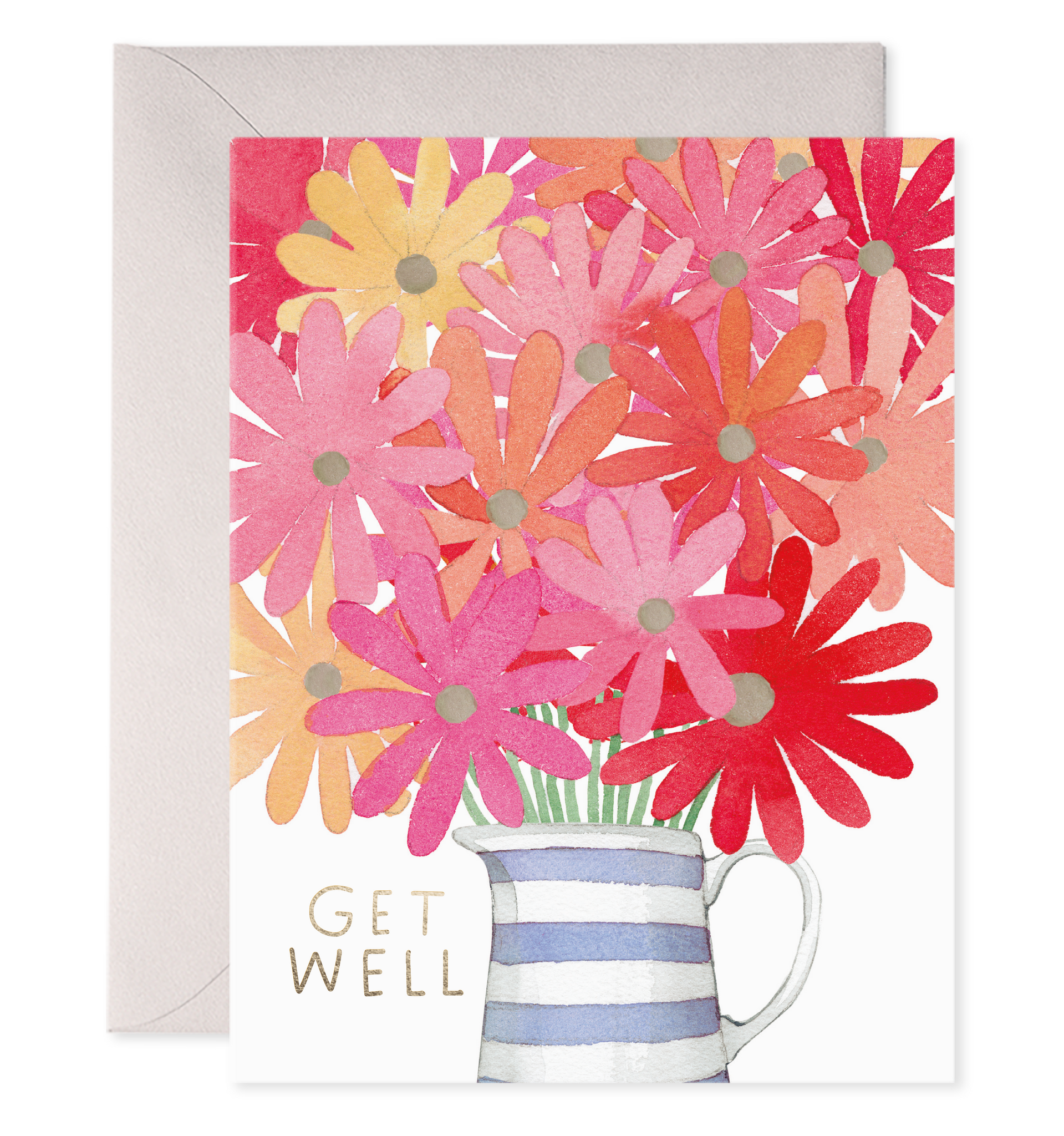 Front of card with illustration of a pitcher with flowers coming out of it in various shades of pink and red.  In the corner of the card it says &quot;Get well&quot; in gold foil. 