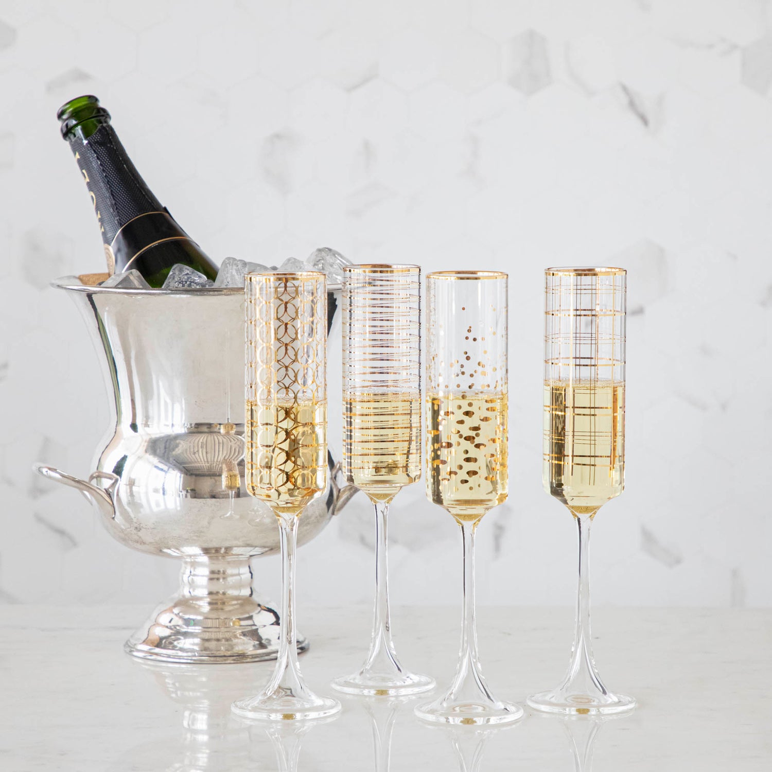 Gold Patterned Champagne Flutes, Set of 4