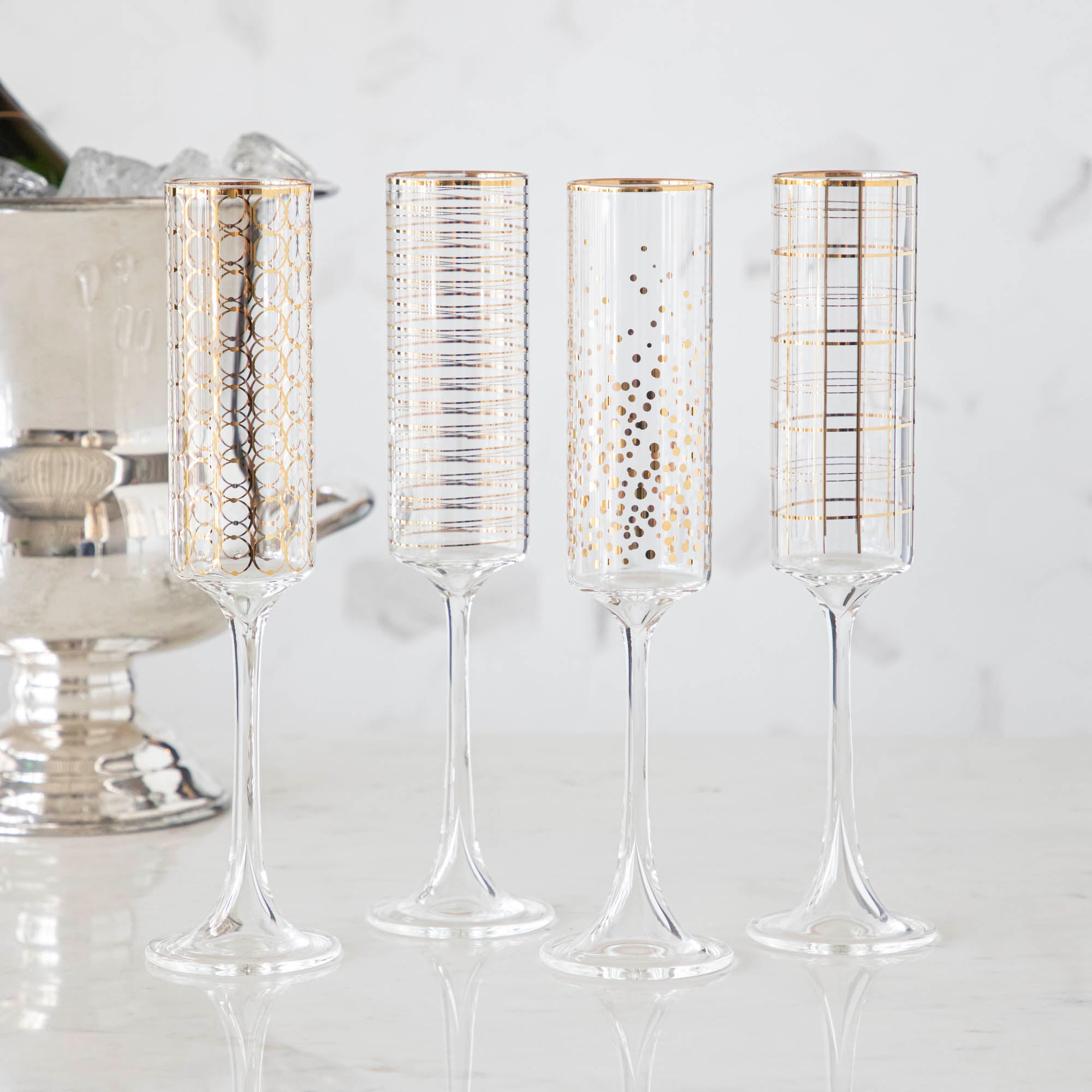 Gold Patterned Champagne Flutes, Set of 4