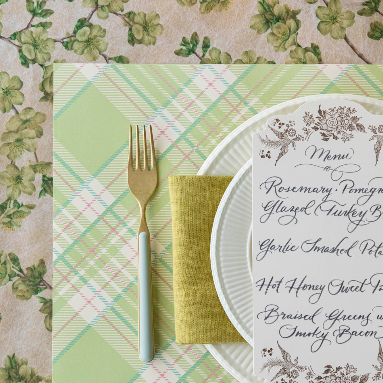 Green Cherry Blossom Runner under a floral table setting with the Bright Green Plaid Placemat.