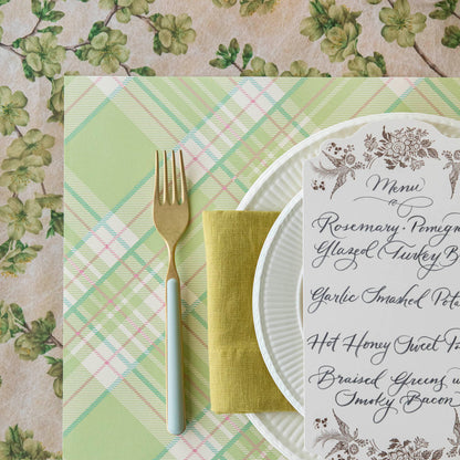 Green Cherry Blossom Runner under a floral table setting with the Bright Green Plaid Placemat.