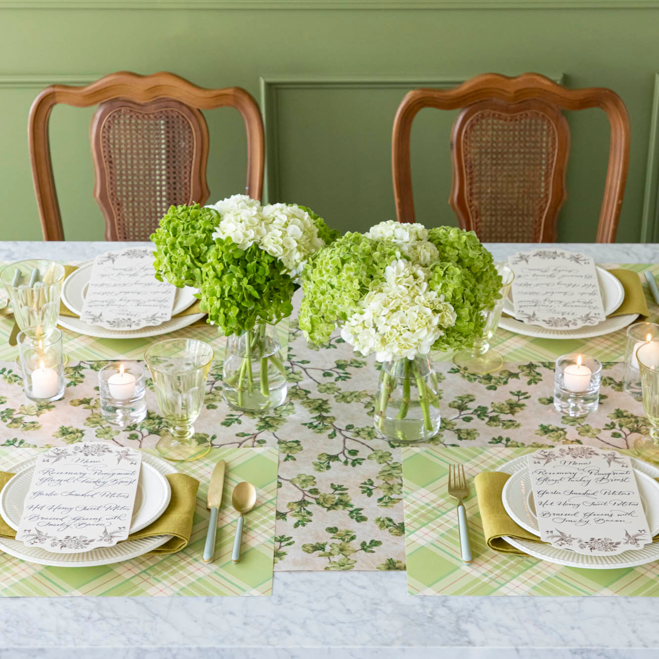 Green Cherry Blossom Runner under a floral table setting with the Bright Green Plaid Placemat.