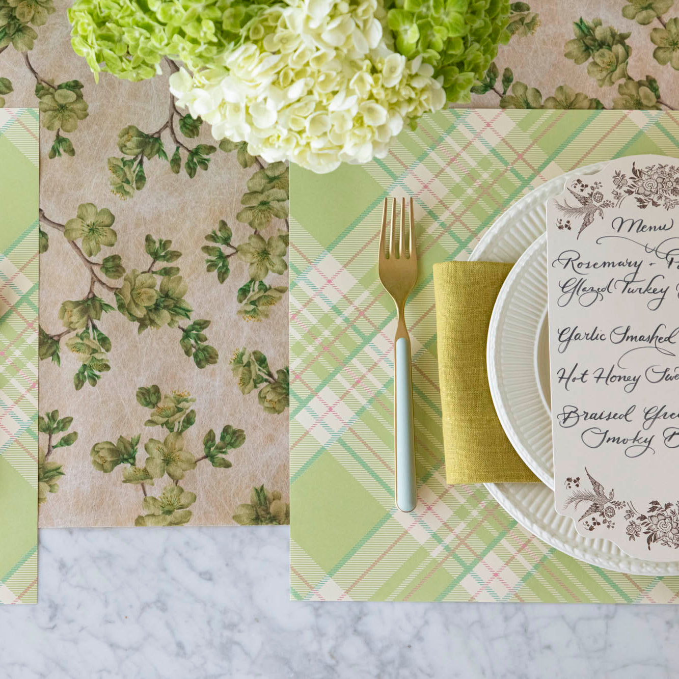 Green Cherry Blossom Runner under a place setting with the Bright Green Plaid Placemat.