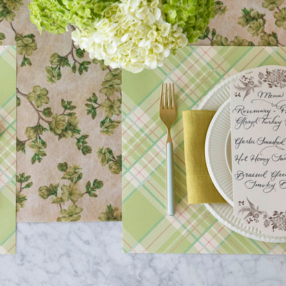 Green Cherry Blossom Runner under a place setting with the Bright Green Plaid Placemat.