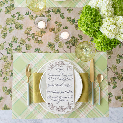 Green Cherry Blossom Runner under a place setting with the Bright Green Plaid Placemat.