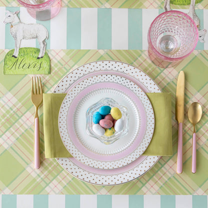 Bright Green Plaid Placemat under a spring themed place setting for one.