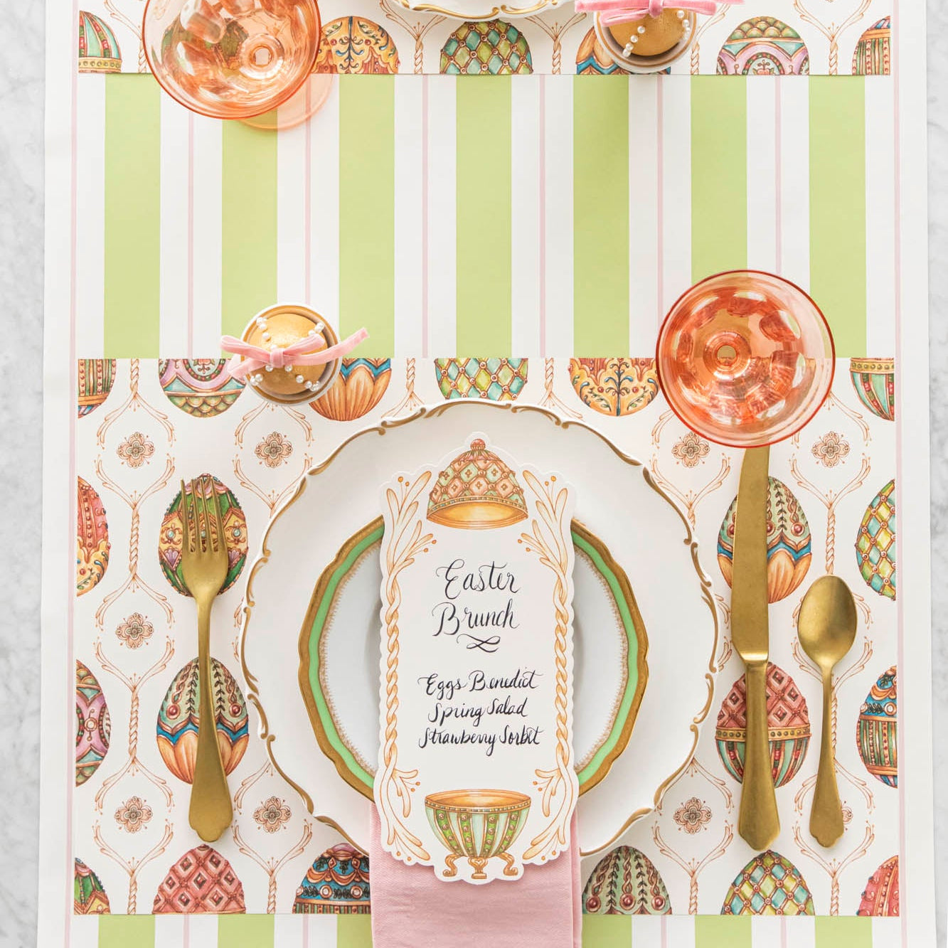 Green &amp; Pink Awning Stripe Runner under an Easter themed place setting for one.