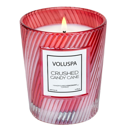 Red and white candy striped glass candle