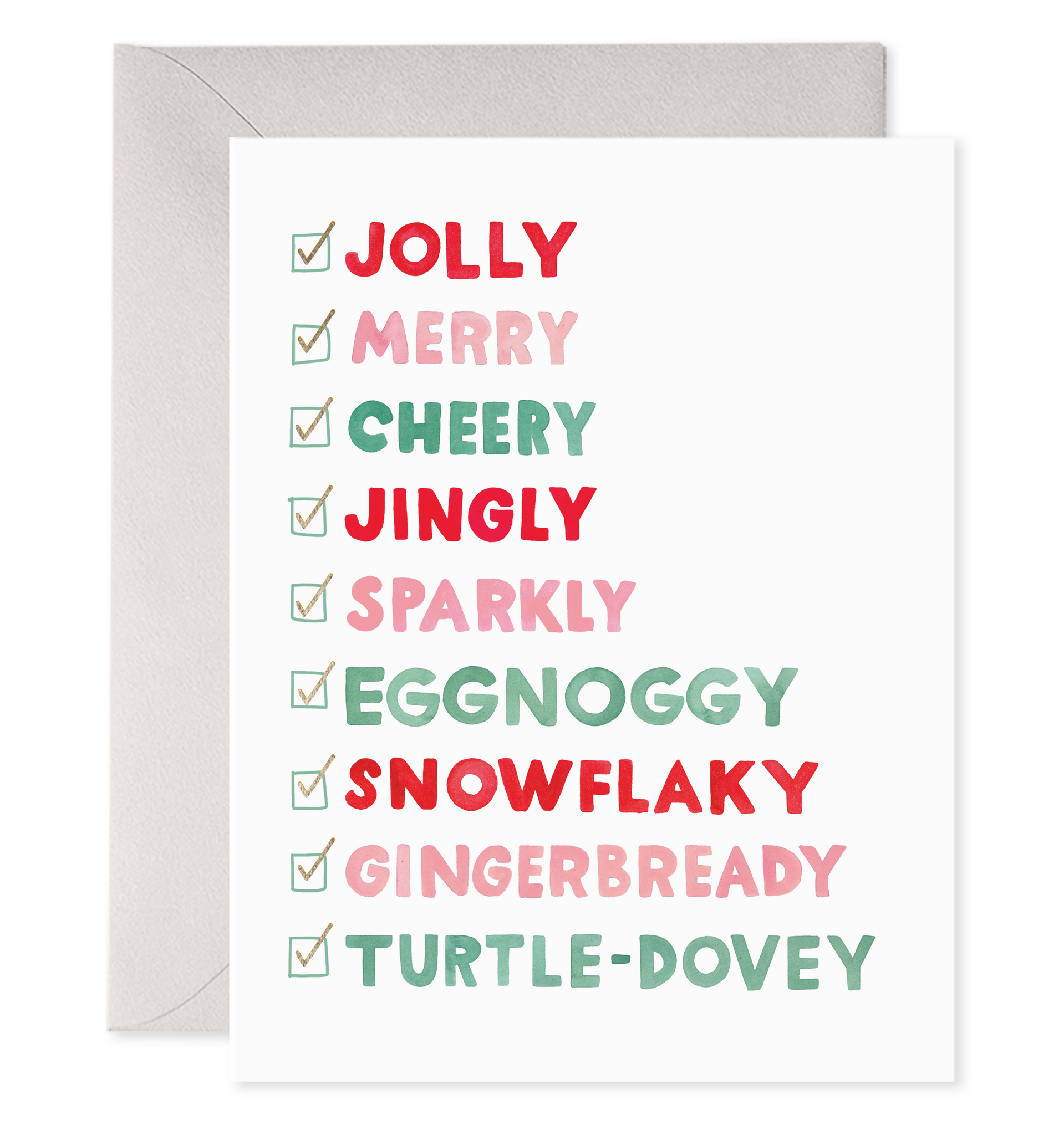 Front of card with illustration of various holiday words such as holly, merry and cheery written out as a checklist