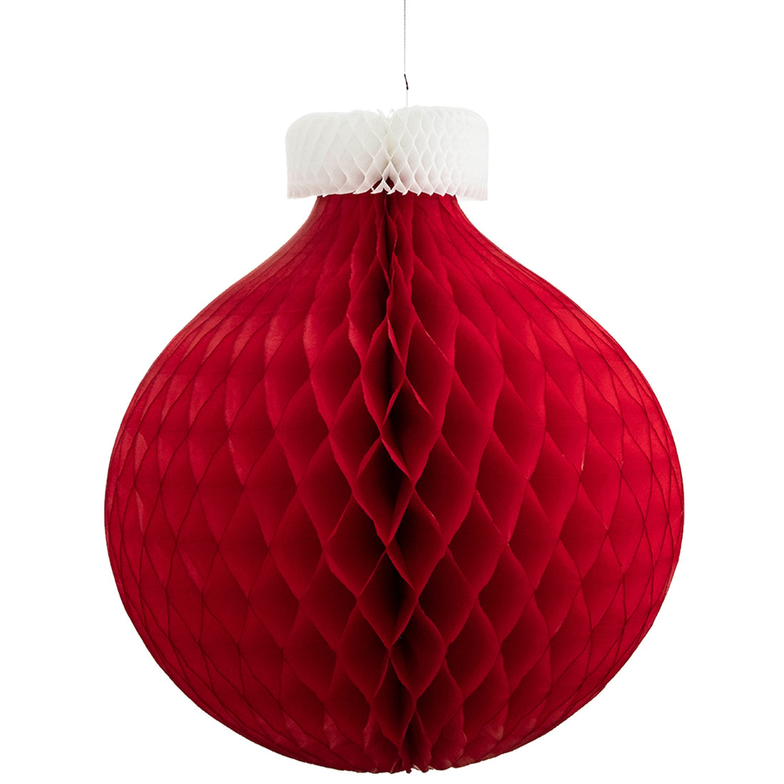 A 26&quot; Honeycomb Large Classic Ornament in red with a white top, hanging.