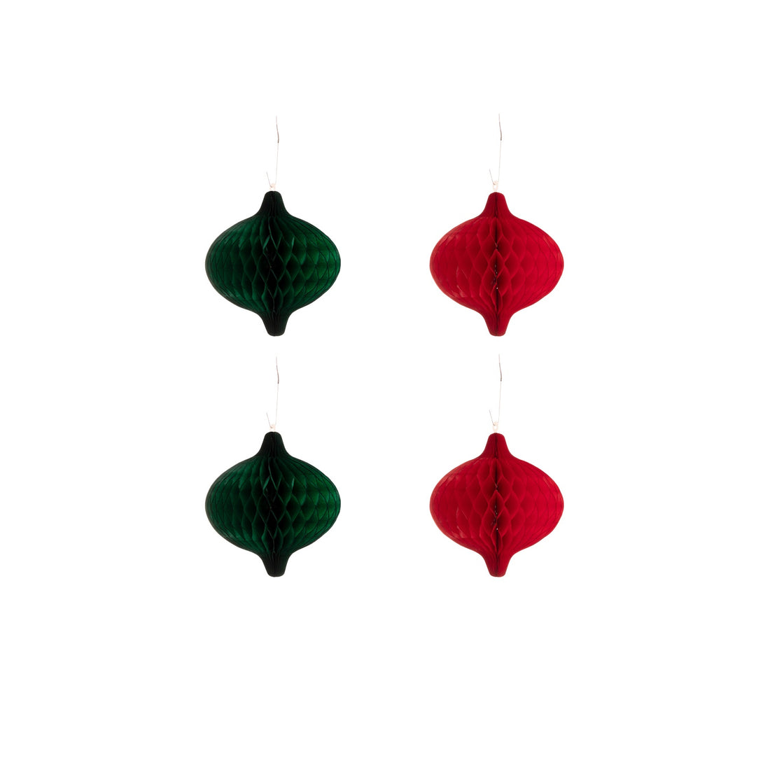 4.6&quot; Honeycomb Tapered Ornaments Set of 4 in green and red, hooked together.