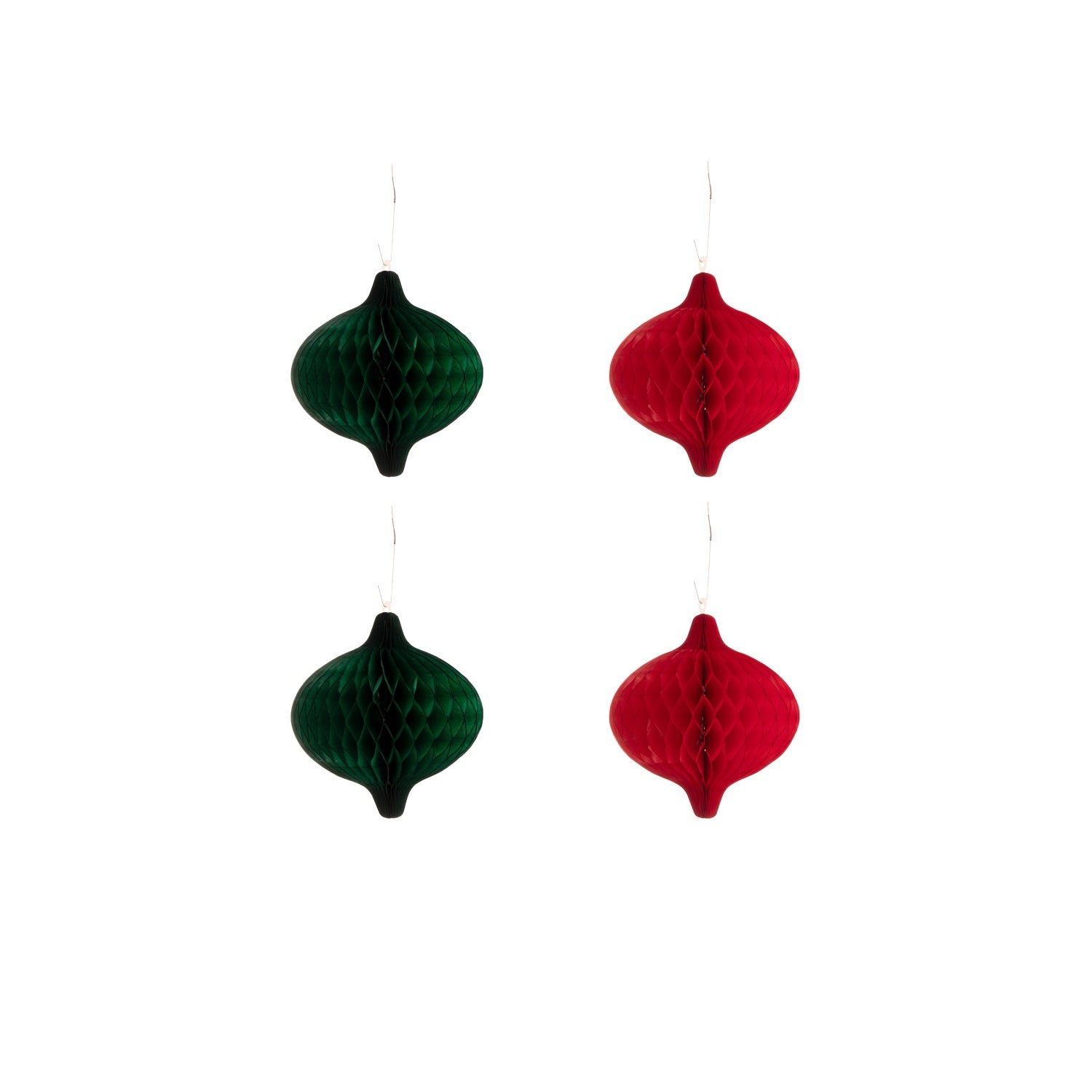 4.6&quot; Honeycomb Tapered Ornaments Set of 4 in green and red, hooked together.