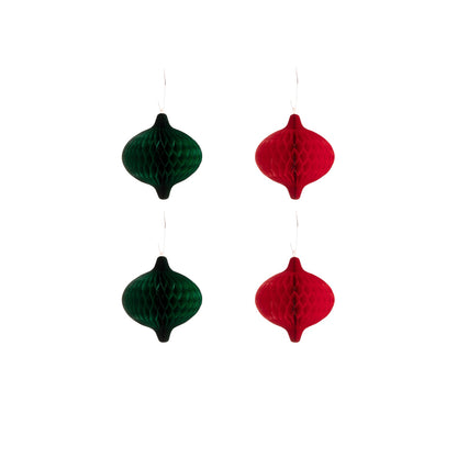 4.6&quot; Honeycomb Tapered Ornaments Set of 4 in green and red, hooked together.