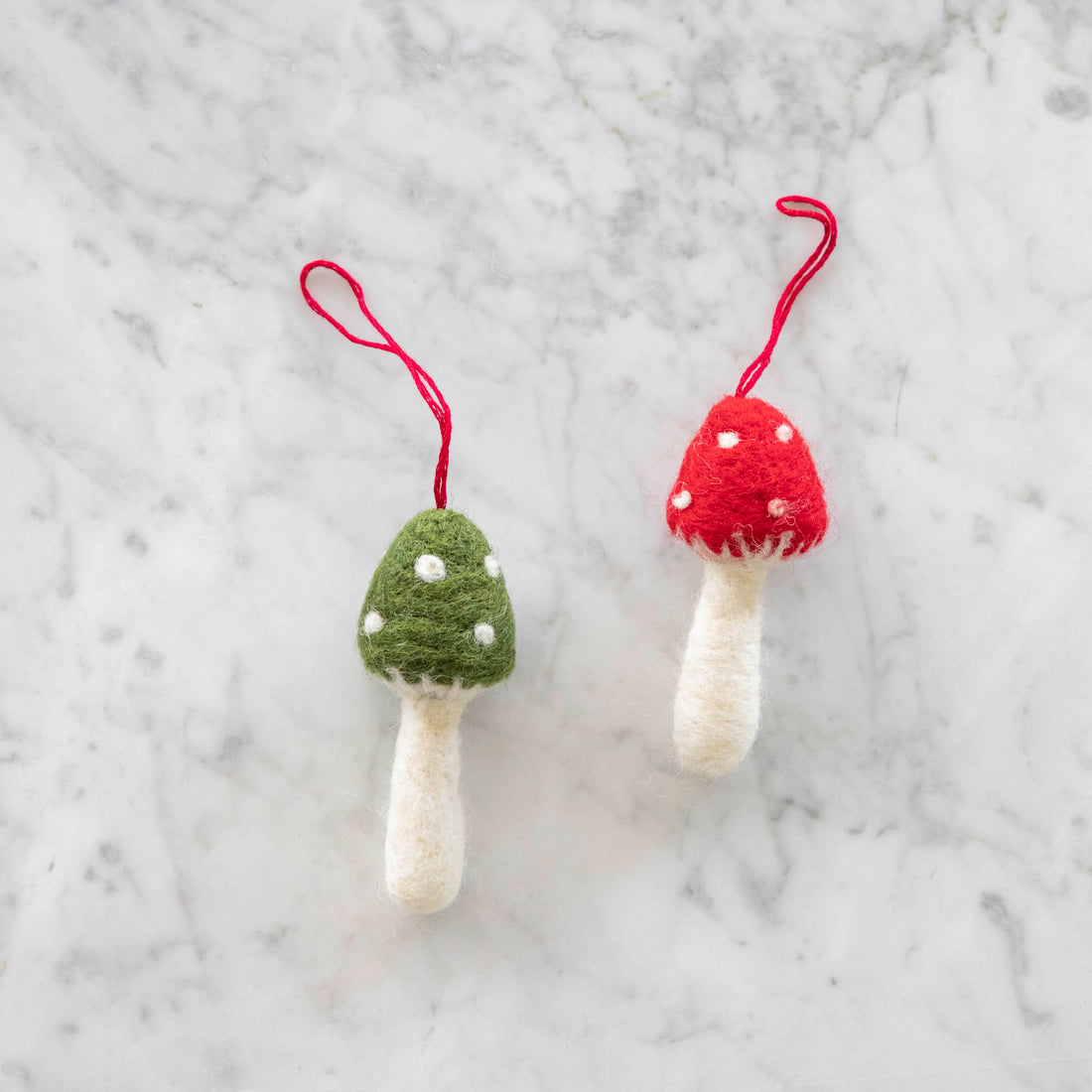 Green top and red top felt mushroom ornament