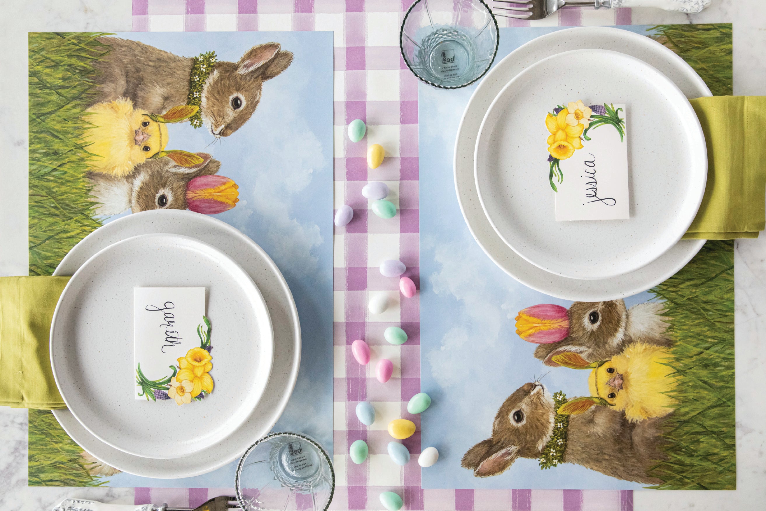 Garden Gathering Placemat on lilac painted check runner with daffodil place cards on Easter table