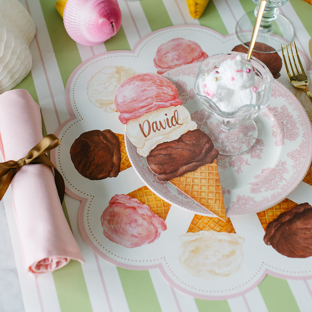 Die-cut Ice Cream Placemat under an ice cream themed place setting.