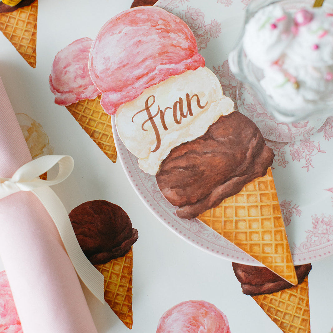 Ice Cream Cones Table Accent with Fran written on it, on a place setting with the Ice Cream Placemat underneath.