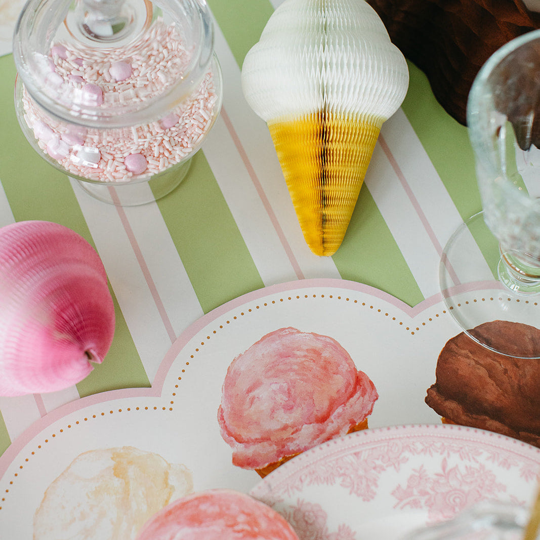 The Green &amp; Pink Awning Stripe Runner under the Die-cut Ice Cream Placemat.