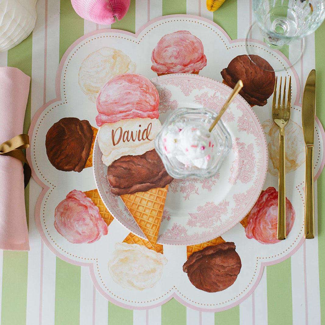 Die-cut Ice Cream Placemat under an ice cream themed place setting.