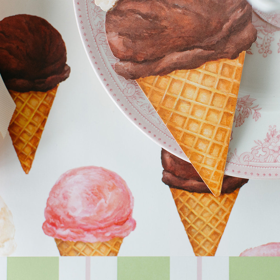 Ice Cream Cones Placemat under a place setting with the Ice Cream Cones Table Accent on the plate.