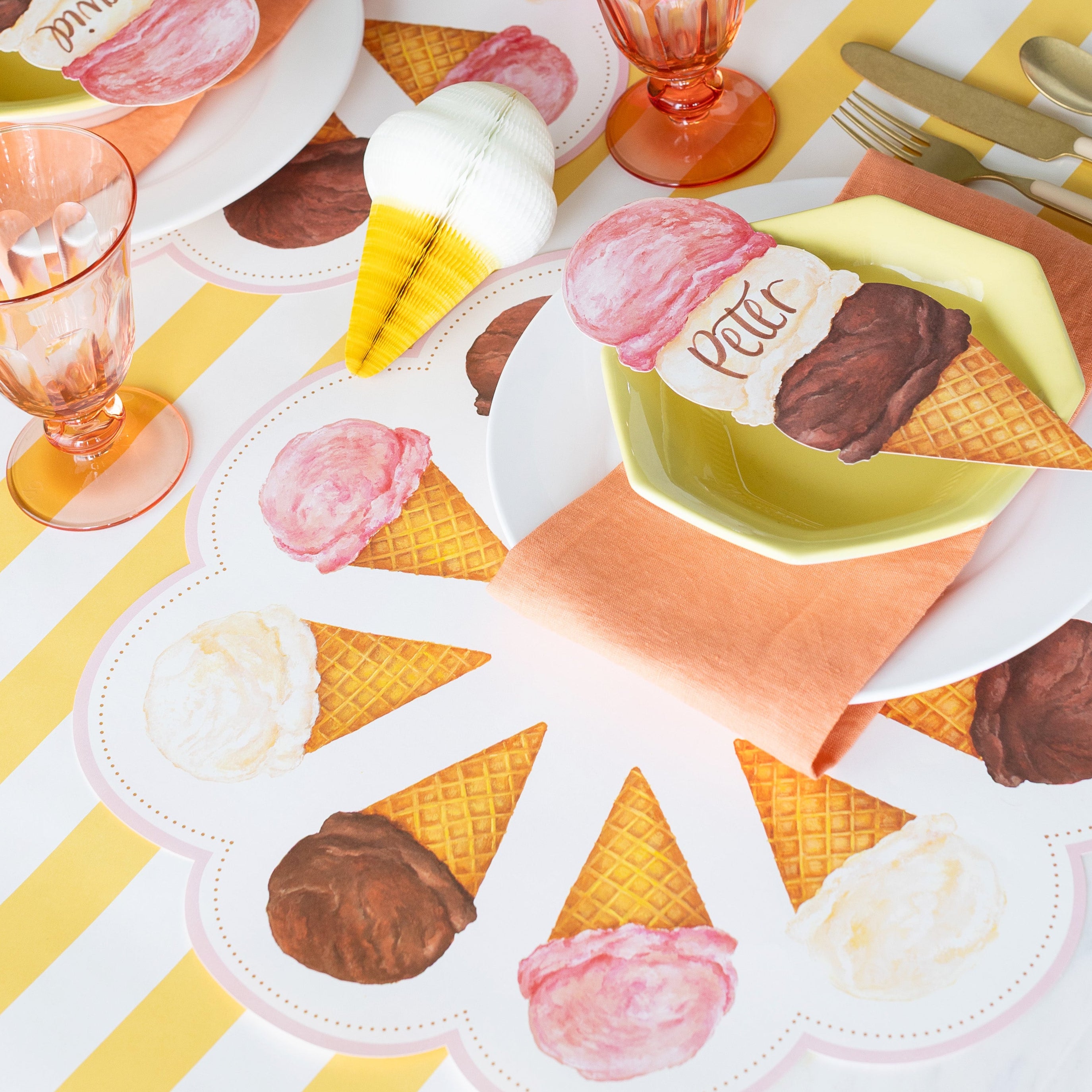 Die-cut Ice Cream Placemat under an ice-cream themed place setting.