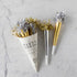 An elegant Tops Malibu Party Horn Bouquet Gold/Silver with tinsel tassels.