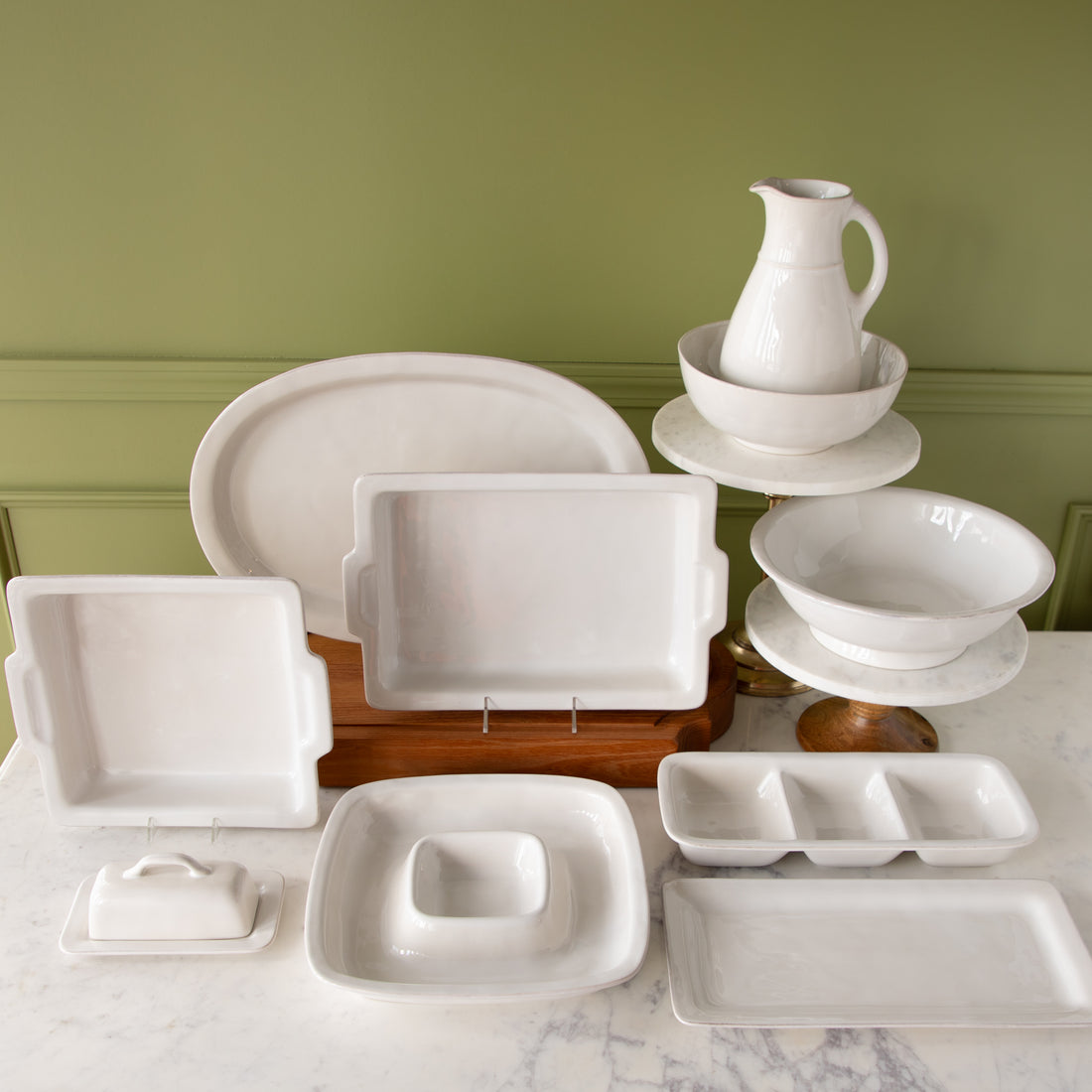 Juliska Puro Whitewash Serveware displayed on a table.