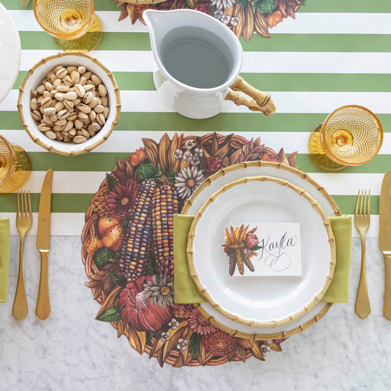 Juliska Bamboo serving pieces on an elegant table setting with coordinating bamboo dinnerware.