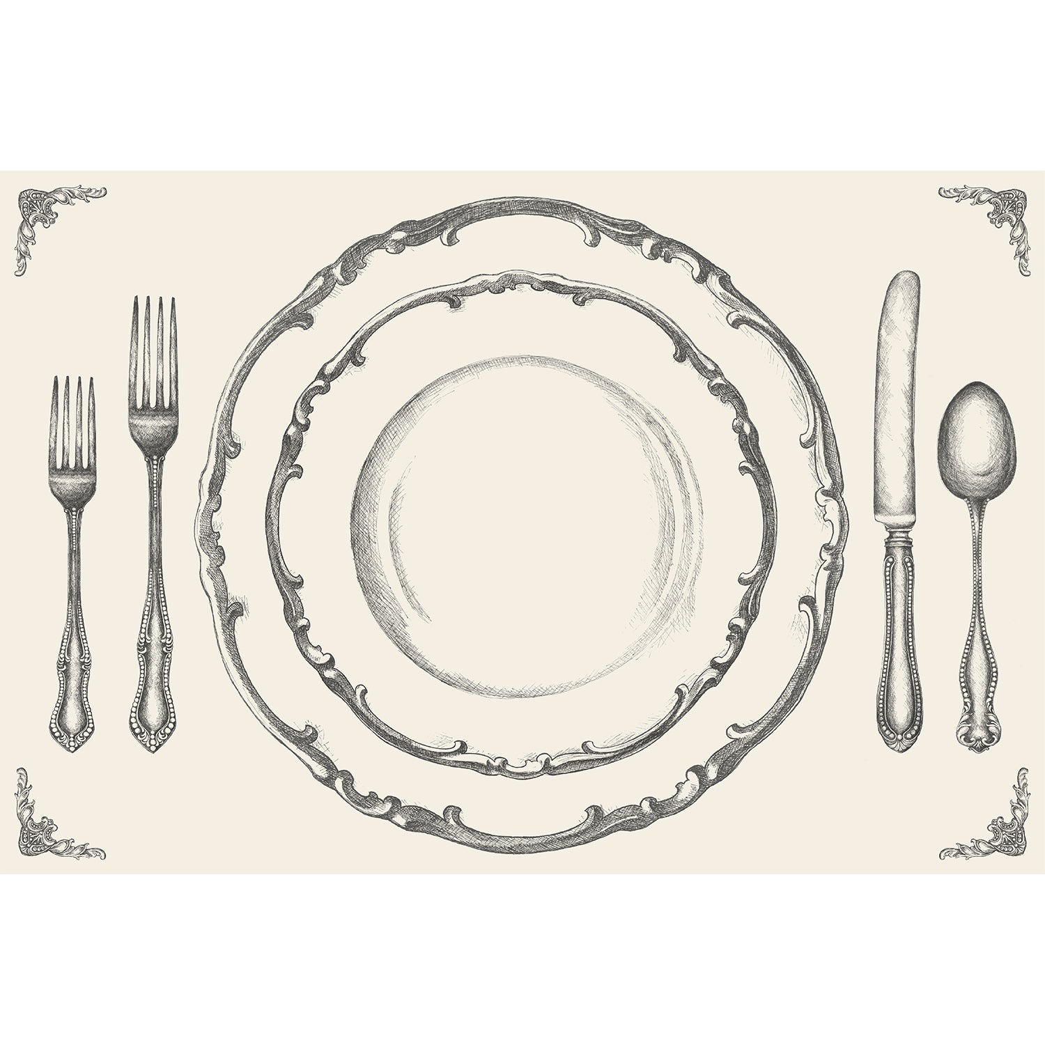 A monochrome grey, engraving-style illustration of a place setting with two plates, two forks, a knife and spoon, with a small embellishment in each corner, on a cream background.