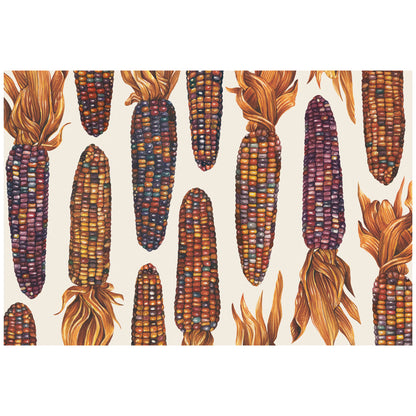 An illustrated vertical pattern of corn cobs of the &quot;glass gem&quot; variety, featuring vibrant yellow, orange, purple and blue kernels and tan husks folded back, on a white background. 