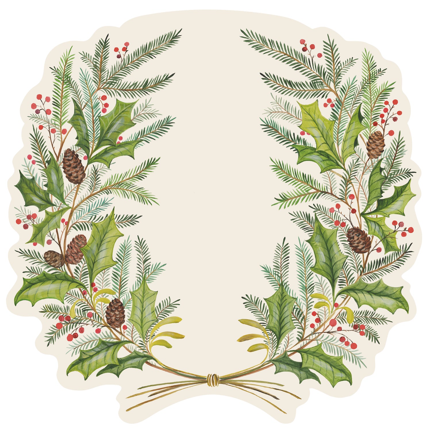 An illustrated symmetrical wreath of evergreen sprigs and holly with red berries and pinecones, stems tied together at the bottom, leaving an open white background in the middle.