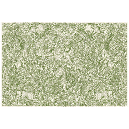 A densely-packed illustration of rabbits, flowers, carrots and foliage, in medium green over white.