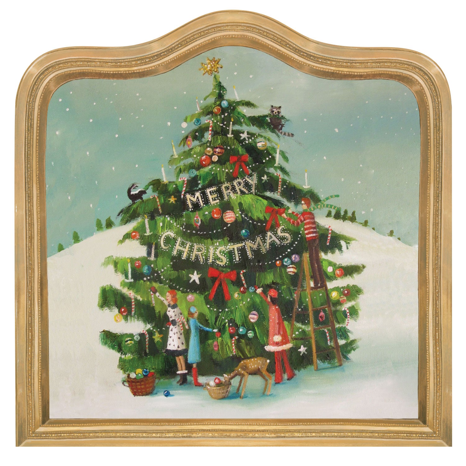 A painterly vintage-style illustration of a group of people decorating a large outdoor Christmas tree in a snowy field, contained in a square brass frame with a curved top edge.