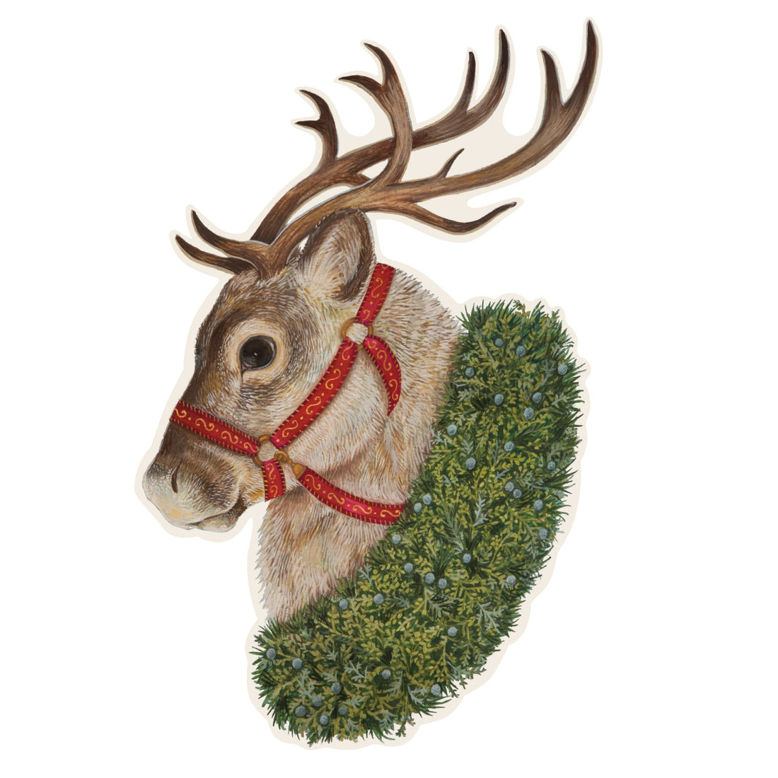 A die-cut, realistic illustration of an antlered reindeer&