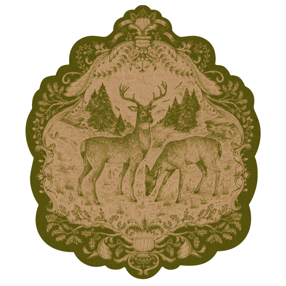 A toile-style illustration of a detailed, scalloped filigree frame around a vignette of a male and female deer in a field, in monochrome deep green printed on tan kraft paper.