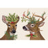 The illustrated heads of a female and male deer, adorned with sprigs of holly, mistletoe, and other botanicals, on a white background.