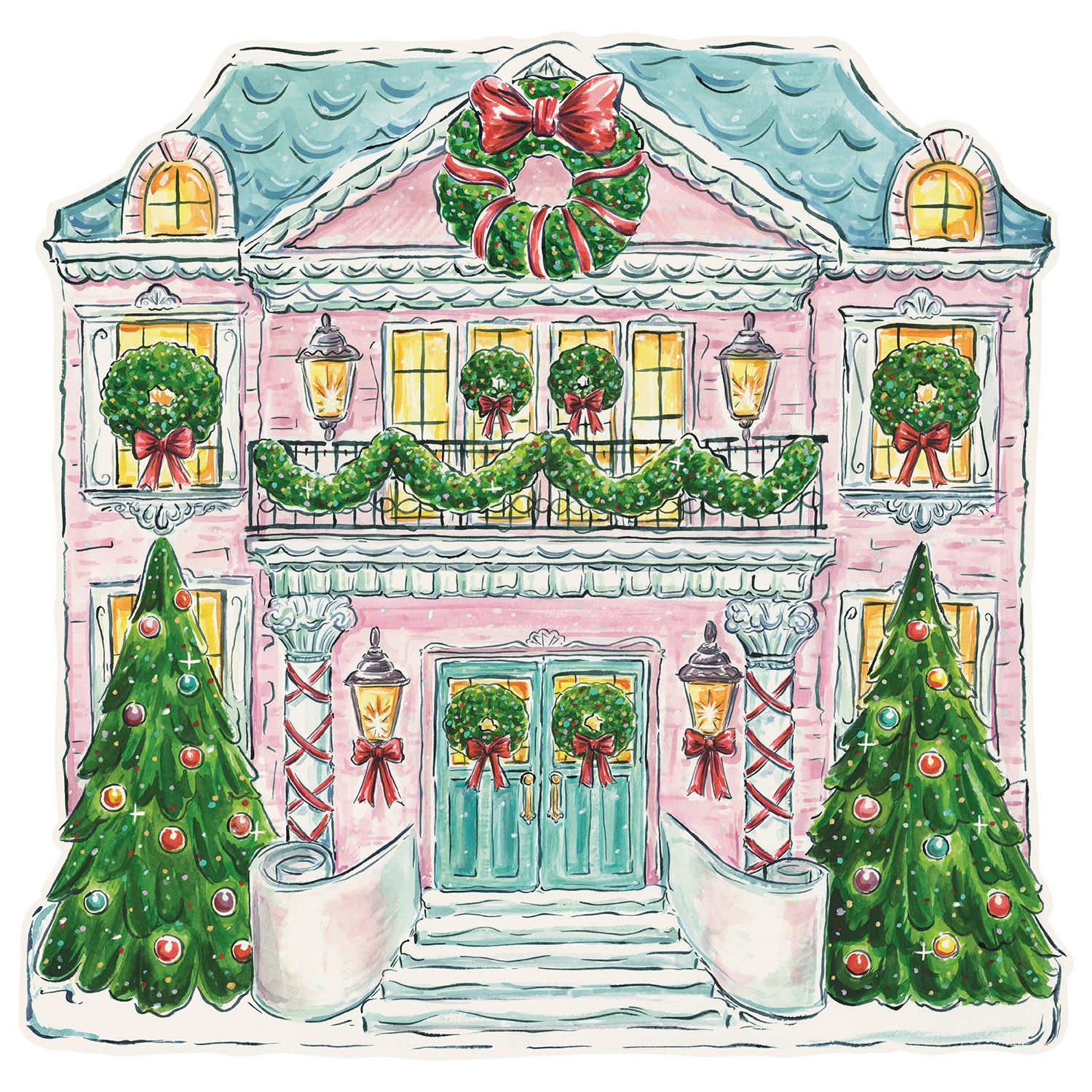 A whimsical die-cut illustration of a large, pink two-story home with a blue roof and doors and yellow windows, decorated with green and red wreaths, garlands and Christmas trees.