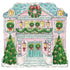 A whimsical die-cut illustration of a large, pink two-story home with a blue roof and doors and yellow windows, decorated with green and red wreaths, garlands and Christmas trees.