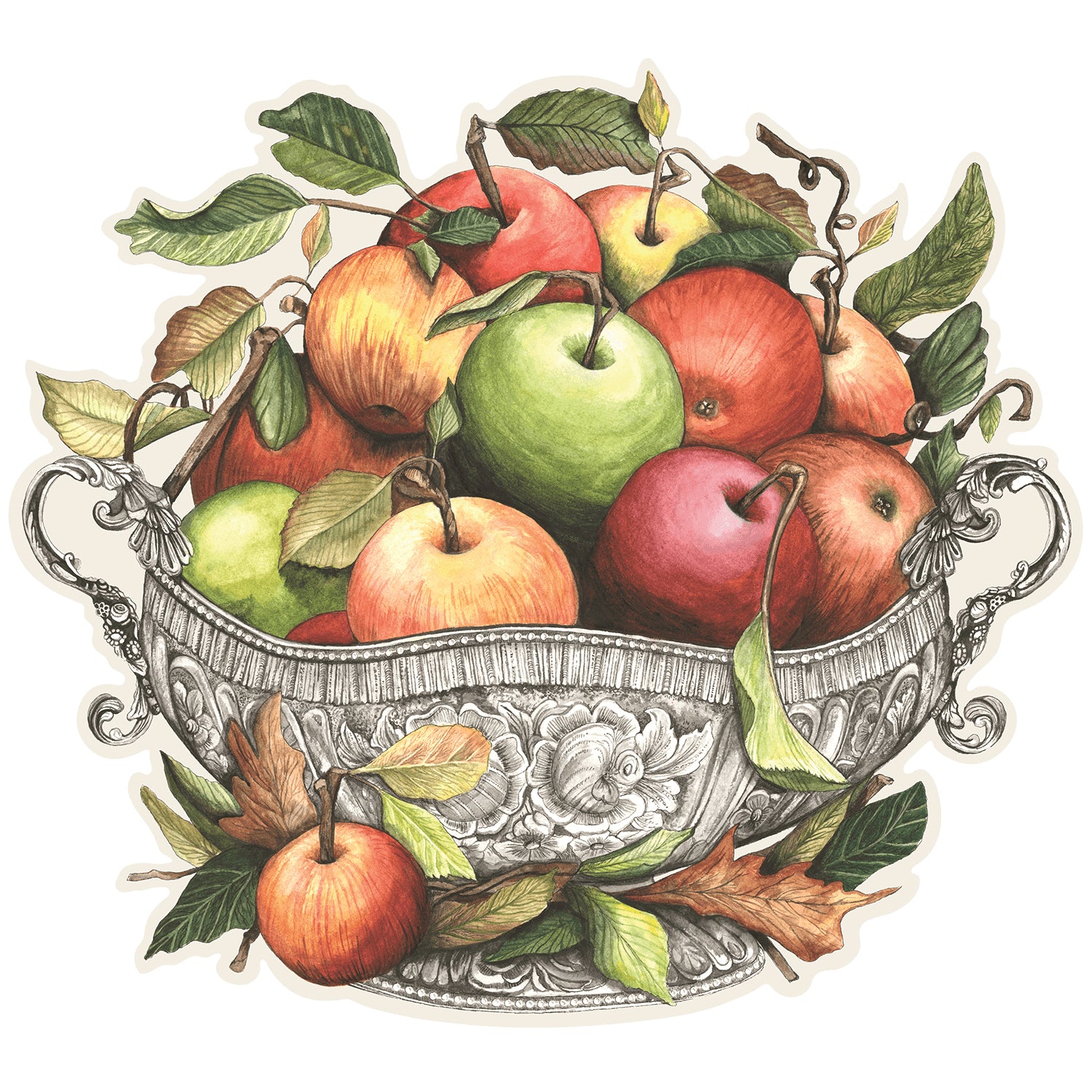 An illustrated ornate black and white serving bowl full of vibrant red, green, yellow and orange apples with stems and green leaves.