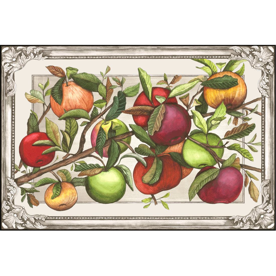 An illustrated tree branch with a dozen different apples in shades of green, red and yellow, surrounded by a greyscale ornamental frame, all on a white background.