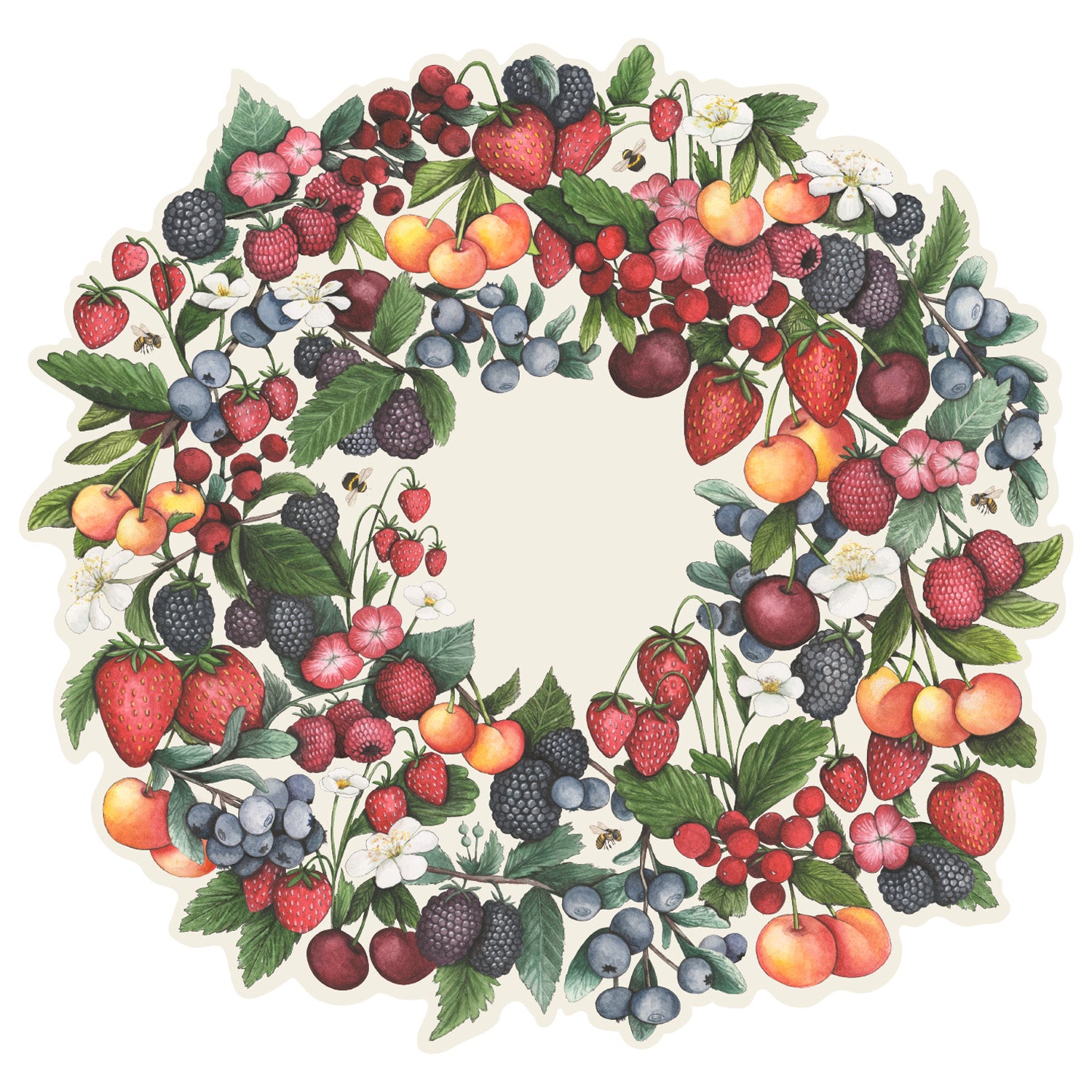 A wreath of of various vibrant berries in red, blue, purple and orange, with green leaves and white blossoms, on a cream background with an open circle in the middle.