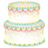 A delightful illustration of a two-tiered birthday cake in a light cream color, with decorative icing and sprinkles in pink, blue, green, yellow and gold.