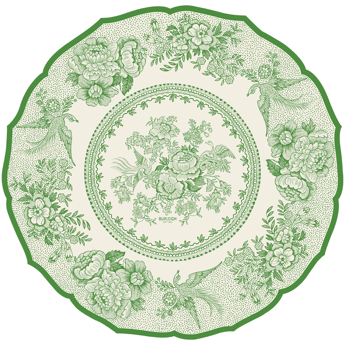 A round design with a scalloped edge, resembling a vintage plate with green linework of flowers and birds on a white background.