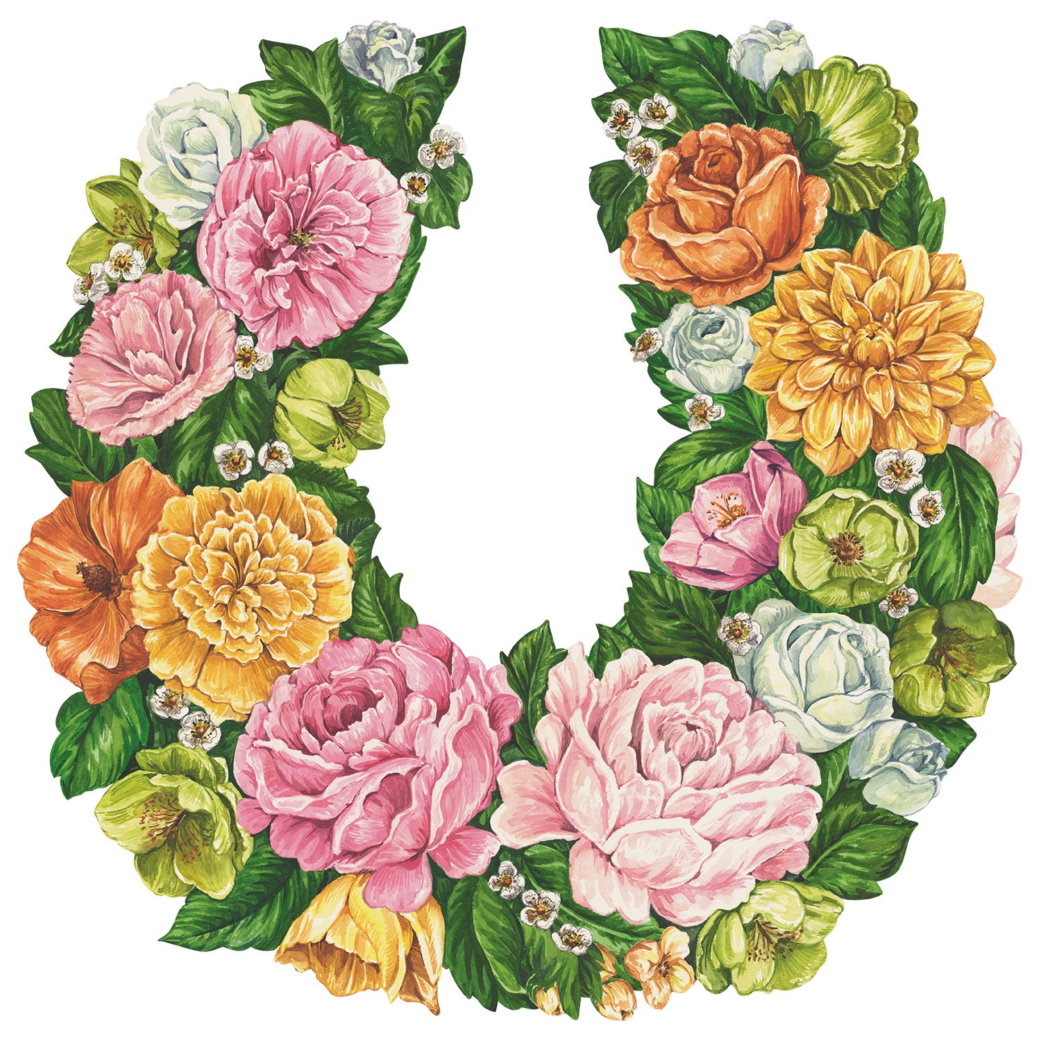 A horseshoe-shaped wreath of large, illustrated flowers in muted pink, orange and yellow, packed with vibrant green foliage, open to a white background in the middle.