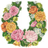 A horseshoe-shaped wreath of large, illustrated flowers in muted pink, orange and yellow, packed with vibrant green foliage, open to a white background in the middle.