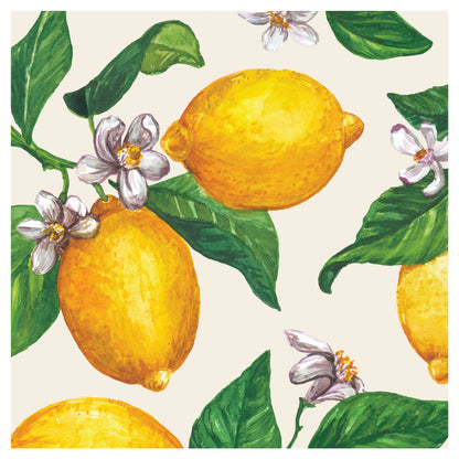 A square cocktail napkin featuring a seamless pattern of lemons and flowers on a white background. The vibrant colors of the Hester &amp; Cook Lemons Napkins add a refreshing touch to the design.