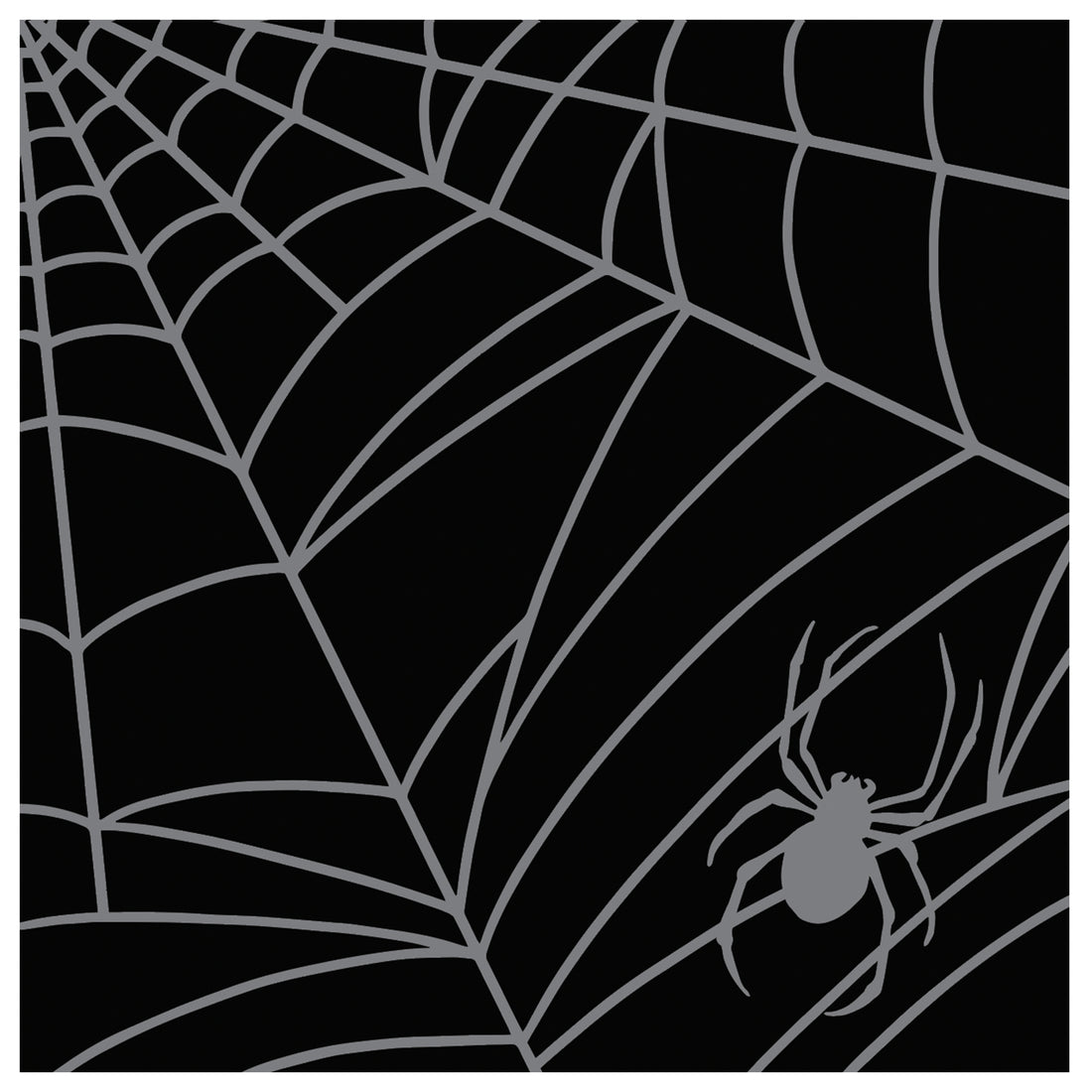 A black, square cocktail napkin featuring silver linework of a spiderweb and the silhouette of a spider.